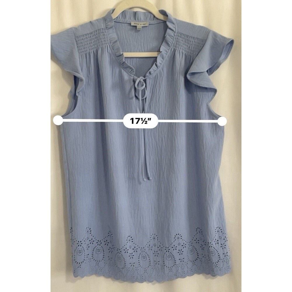 Floral & Ivy Shirt Flitter Sleeve Rouched Eyelet Tie Neck Blue Women’s Size L - Picture 11 of 11